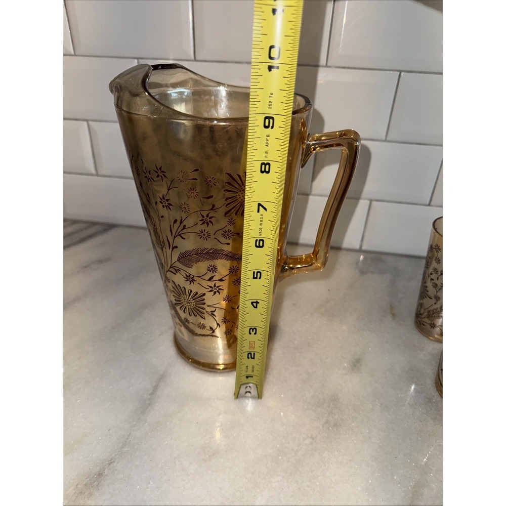 VtgJeanette Marigold Carnival Glass Cosmos Pitcher /6 Glasses 1950's MCMGW0051 - Picture 11 of 14